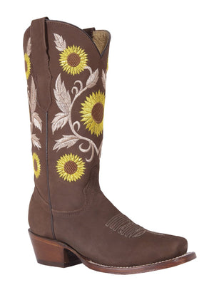 "Blossom Embroidered Sunflower Leather Cowgirl Boot Square Toe"-"Bota Blossom Vaquera De Piel Para Dama Bordado De Girasol Horma Rodeo", [Mexico Artesanal