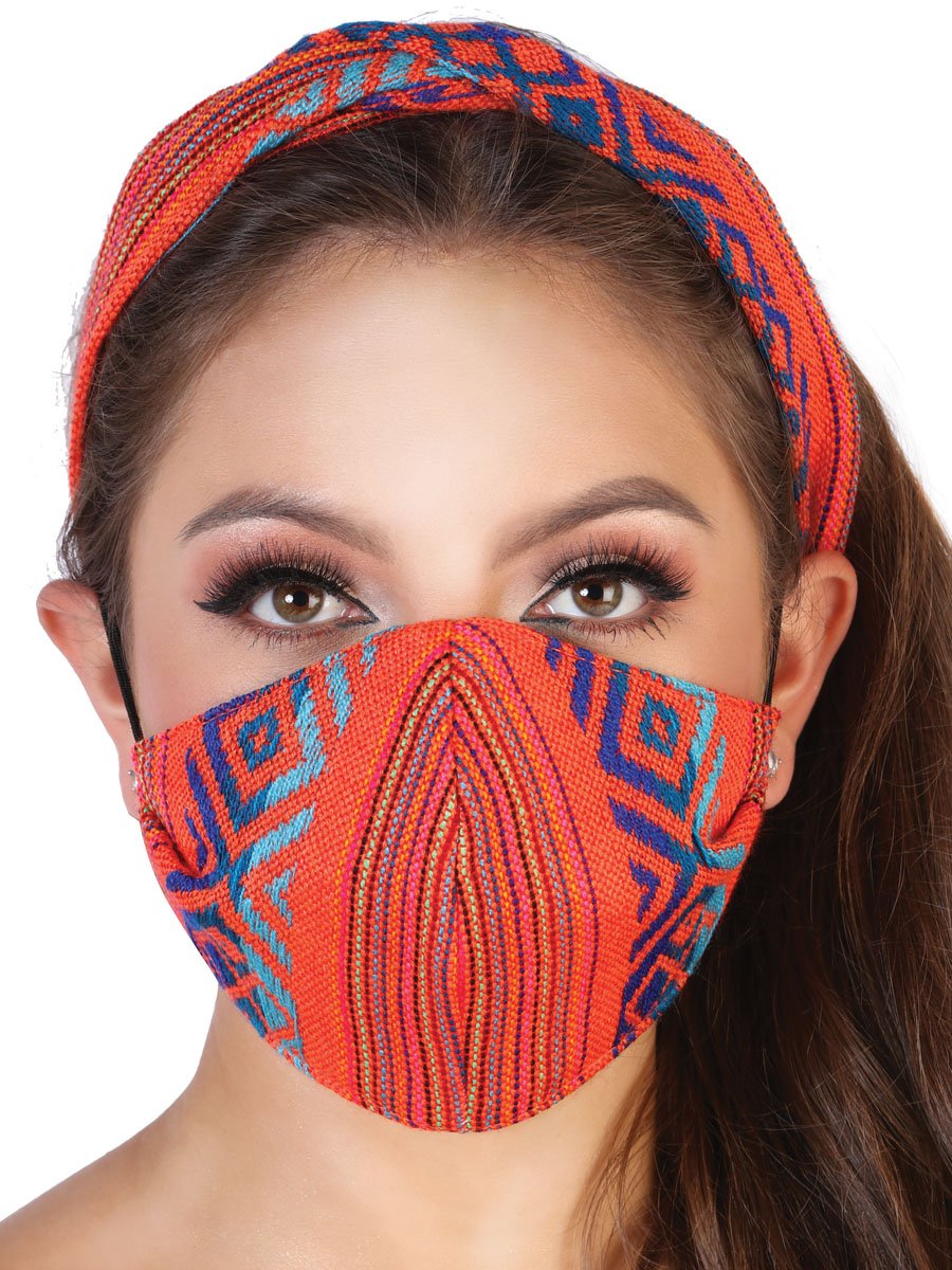 Set De Turbante Mexicano Y Cubrebocas Para Dama Con Elastico - Ladies Mexican Set Of Cambaya Turban With Matching Face Mask Elastic - Mexico Artesanal
