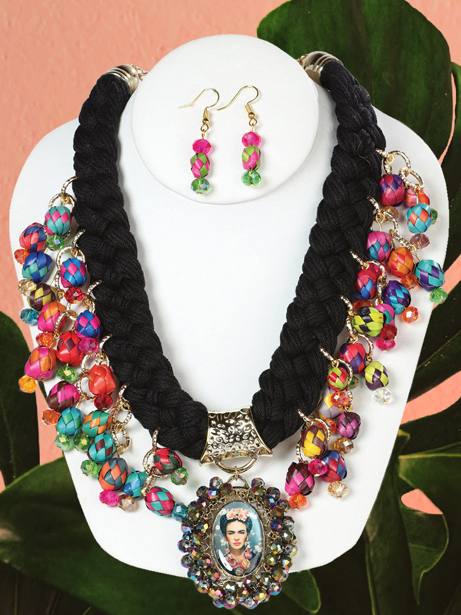 Set De Collar Y Aretes Artesanales Frida Trenza 100% Palma- Artesanal Necklace & Earings Set