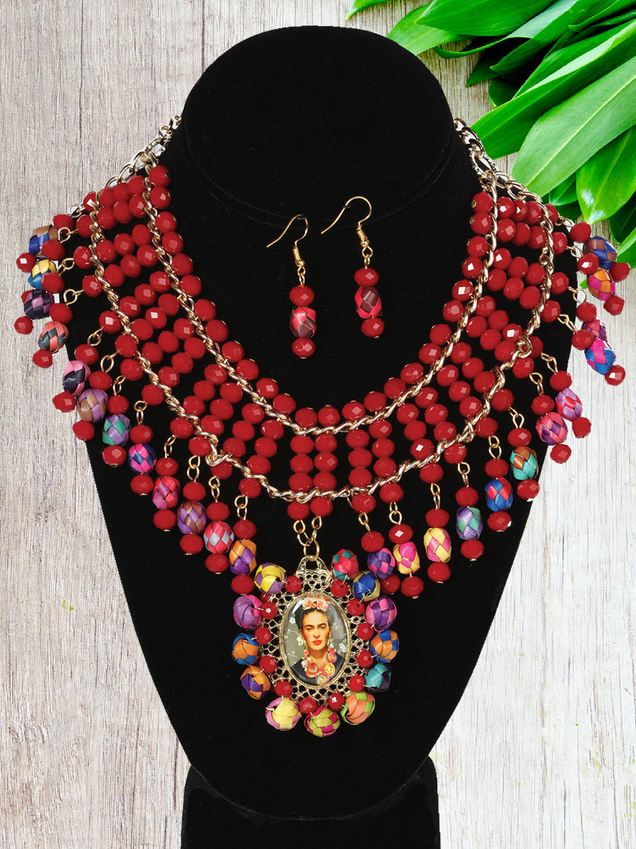 Set De Collar Y Aretes Artesanales Frida Doble Cristal - Artesanal Necklace & Earings Set