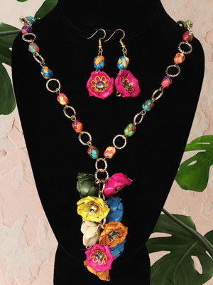 Set De Collar Y Aretes Artesanales Racimo Palma Multicolor- Artesanal Necklace & Earings Set