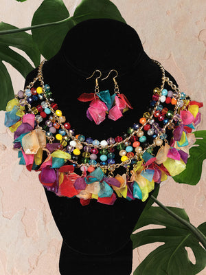 Set De Collar Y Aretes Artesanales Escama de pescado Multicolor - Artesanal Palm Leaves Necklace & Earings Set