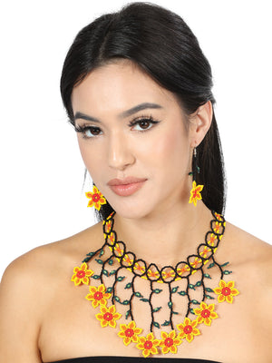 Metztli Floral Beaded Necklace And Earrings Set - Metztli Set De Collar Huichol