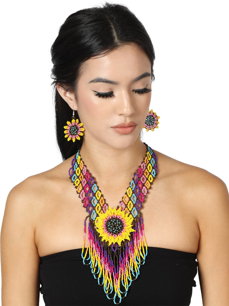 Quetzalli Floral Beaded Necklace And Earrings Set - Quetzalli Set De Collar Huichol