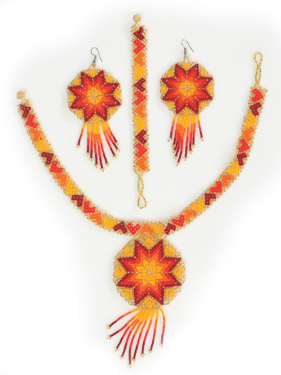 Erandi Floral Beaded Necklace And Earrings Set - Erandi Set De Collar Huichol