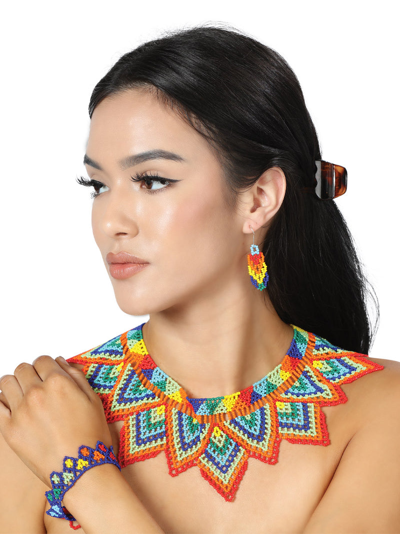 Yaocihuatl Beaded Necklace Bracelet And Earrings Set - Yaocihuatl Set De Collar Huichol