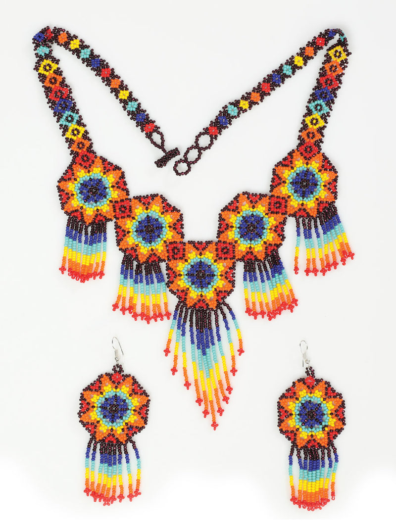 Yaretzi Floral Beaded Necklace And Earrings Set - Yaretzi Set De Collar Huichol