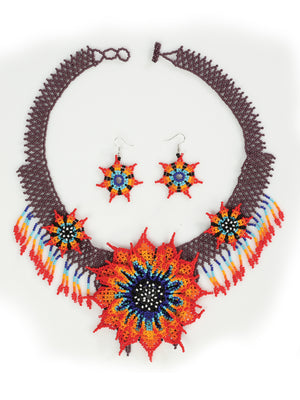 Quetzalli Huichol Floral Beaded Necklace And Earrings Set