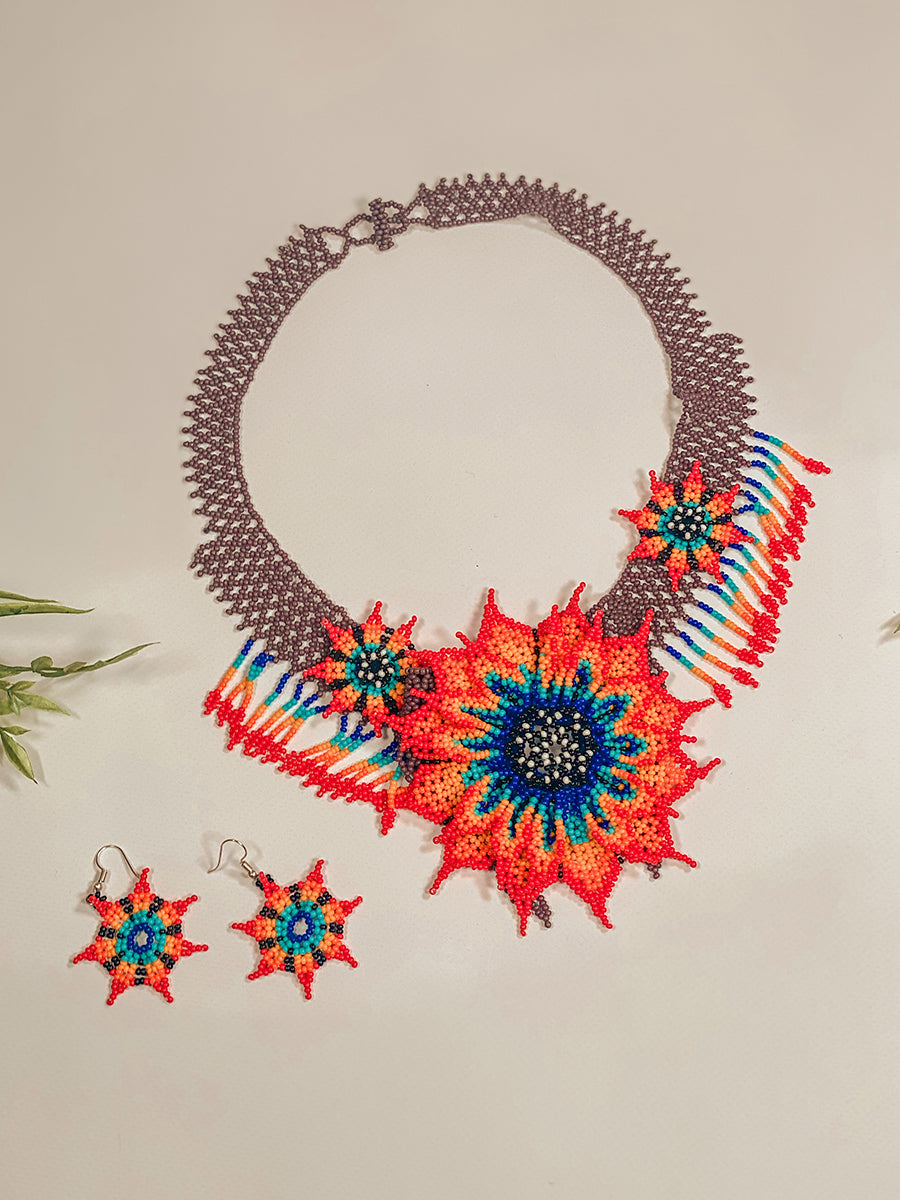 Quetzalli Huichol Floral Beaded Necklace And Earrings Set